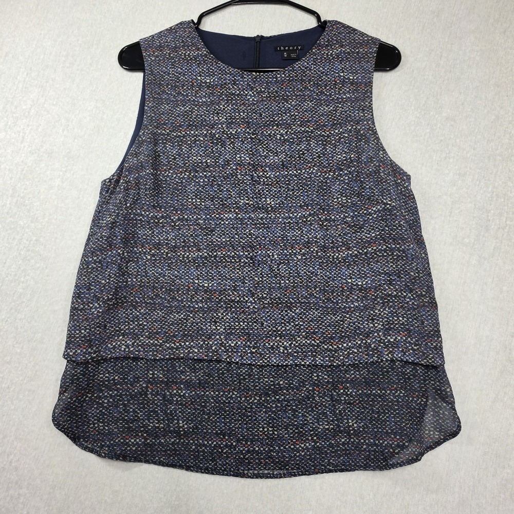 Theory Hodal C Silk Overlay Tank Top  Chiffon Split Back Mixed Media Blouse M